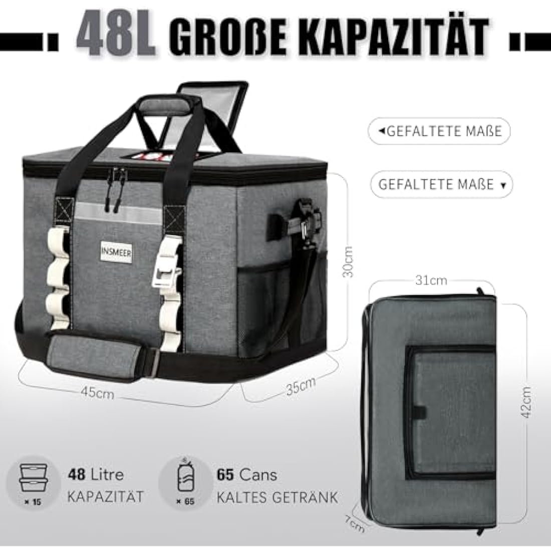 INSMEER 48L Large Cool Bag with Easy Top Access Opening, 65 Cans Foldable Cooler Bag, XXL Waterproof Cool Bag, Insulated Bag for Camping, Picnic, Beach, Hiking, Family Outdoor Activities, Festival