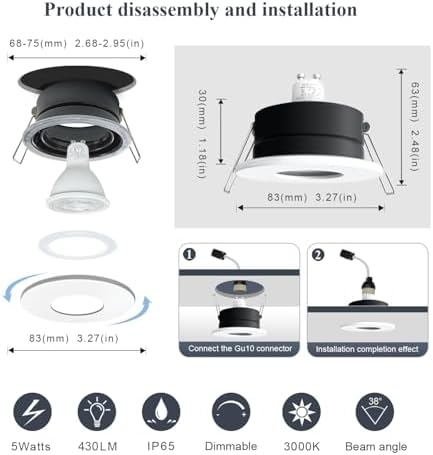 Sweier 6-Pack Dimmable LED Recessed Spotlights GU10 5W IP65 Waterproof - 3000K Warm White, 70mm Cutout, Die-Cast Aluminium Downlights for Bathroom & Living Room