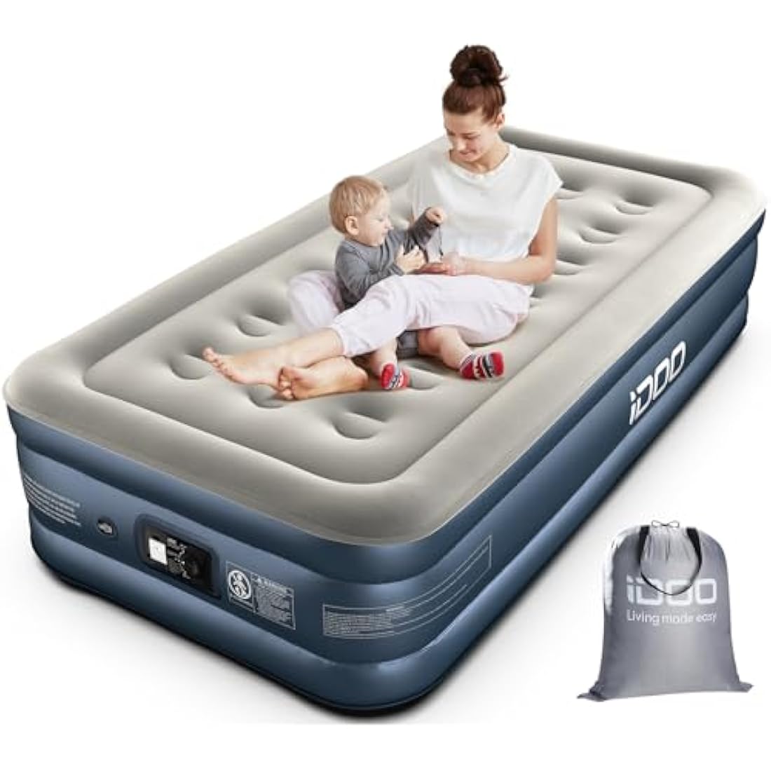 iDOO Single Air Bed, Inflatable Mattress with Built-in Pump, 3 Mins Quick Self-Inflation/Deflation Blow Up Air Mattress, Comfortable Top Surface for Home Portable Camping Travel 188x99x38cm 249kg MAX