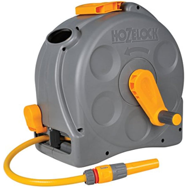 HOZELOCK - 2-in-1 Compact Hose Reel 25m : Portable or Wall-mounted Plastic Reel, Easy Rewind Function, Supplied with Nozzle, Fittings and Fixings [2415R0000]