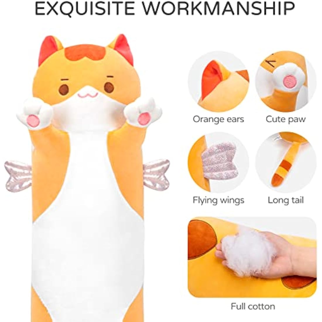 Mewaii 20in Long Cat Plush Pillows Stuffed Animals Squishy Pillows - Plushie Cute Kitty Sleeping Hugging Plush Pillow Soft Toys for Kids(Orange)