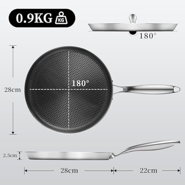 Innerwell Stainless Steel Crepe Pan 28 cm, Nonstick Stainless Steel Honeycomb Coating Pancake Pan, Non Stick Flat Skillet Tawa Dosa Tortilla Griddle Pan, Induction Compatible, PFOA Free