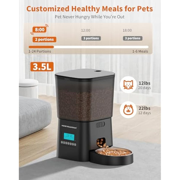 HoneyGuaridan Automatic Cat Feeder with Timer, 3.5L Dry Cat Food Dispenser, Timed Dog Feeder with Stainless Steel & Slow Feeder Bowl, Dual Power Supply with Desiccant, 1-6 Meals/day for Cats Dogs