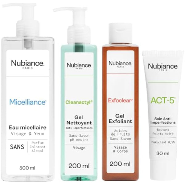 NUBIANCE - Treatment of acne, whiteheads, blackheads - Combination skin - Promotes sebum drainage - Micellar water - Face and body scrub - Face cleansing gel - Corrective cream - Full routine