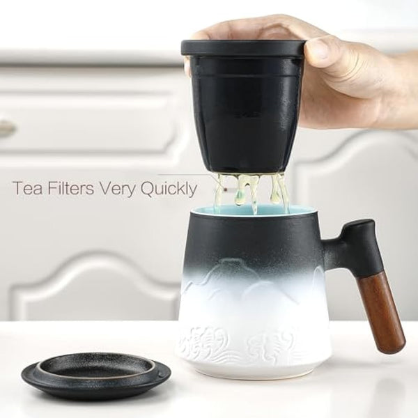 ZENS Tea Mug with Infuser and Lid, 450ML Embossed Ceramic Loose Leaf Tea Cup with Fine Strainers for Diffusers, Wood Handle Tea Infuer Mug for Steeper Tea Accessories for Women Tea Lovers Gifts
