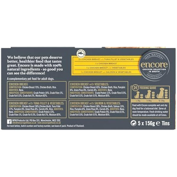 Encore 100 Percent Natural Adult Wet Dog Food, Chicken and Fish Selection Multipack in Broth 156g Tin (5 x 156g Tins)
