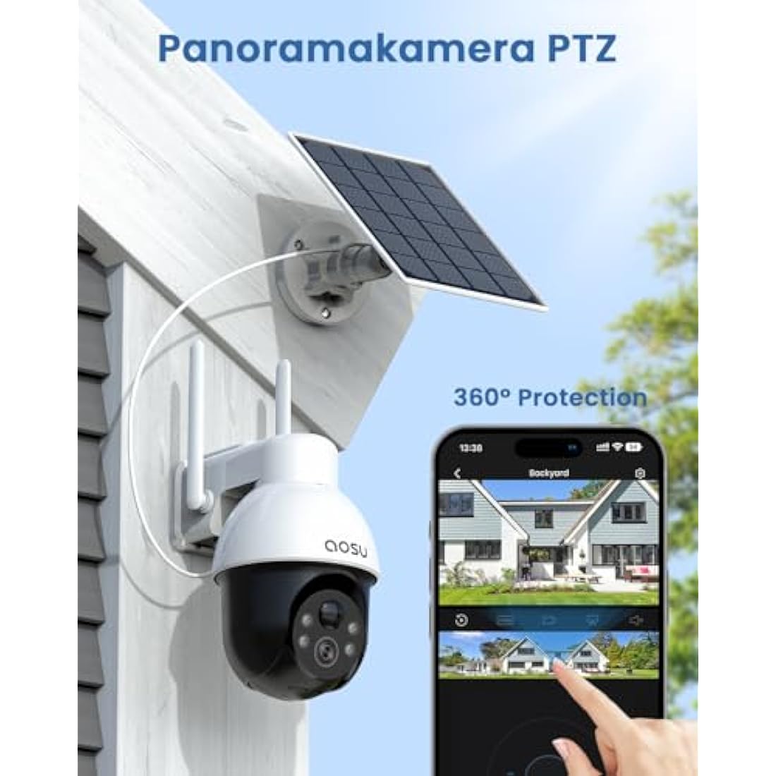 AOSU 3K Solar Camera Outdoor Wireless – 5MP Security Camera, Motion & Human Tracking, 360° PTZ, Zoom & Wide View, Color Night Vision, Two-Way Talk, WiFi, Solar Panel Powered, Alexa