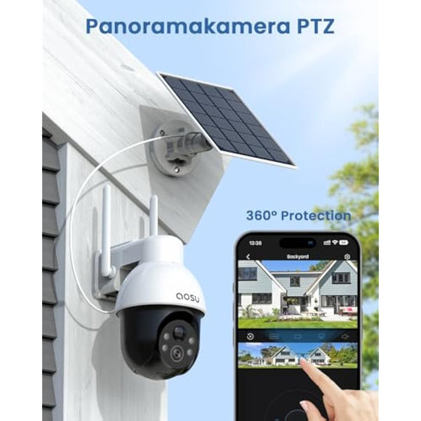 AOSU 3K Solar Camera Outdoor Wireless – 5MP Security Camera, Motion & Human Tracking, 360° PTZ, Zoom & Wide View, Color Night Vision, Two-Way Talk, WiFi, Solar Panel Powered, Alexa