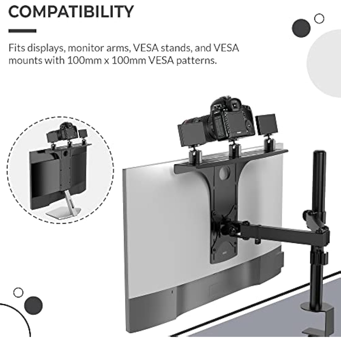 HumanCentric DSLR Monitor Mount Large, Desk Camera Mounting, Light Webcam, Microphone Shelf for Monitor VESA Arm, Replace Clamp Tripods, 100x100mm Patterns, Aluminum, Hardware Included