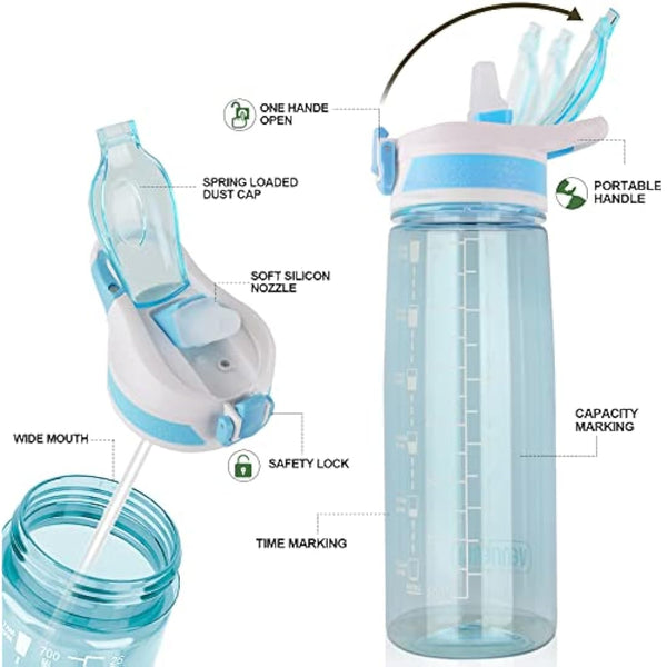 VENNERLI Water Bottle with Straw and Time Marking, Sports Water Bottle BPA Free Leak Proof Dishwasher Safe Reusable Tritan Drinks Bottle Durable Motivational for Adults Outdoor 800ml
