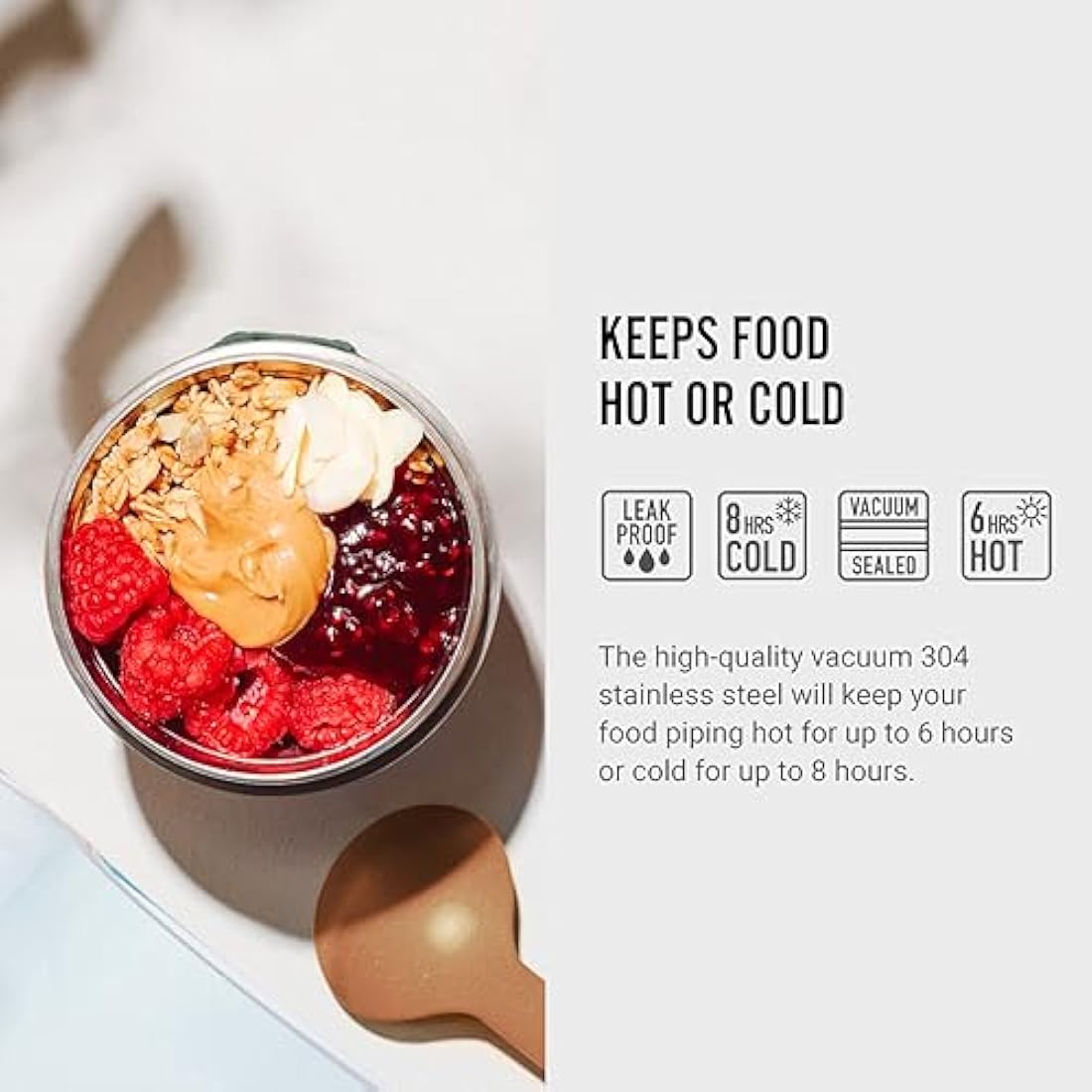 BLACK + BLUM - Food Flask - Vacuum Insulated 304 Stainless Steel Food Container with Leak Proof Lid, Nylon Strap and Natural Wood Fibre Spoon - Keeps Hot for 6 hrs, Cold for 8 hrs, Orange - 400ml