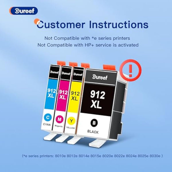 Gureef 912 XL 912XL Ink Cartridges Replacement for HP 912 XL Ink Cartridges Multipack with New Chip for HP OfficeJet Pro 8020 8022 8023 8024 8025 OfficeJet 8010 8012 8014 8015 Printer (4-Pack)