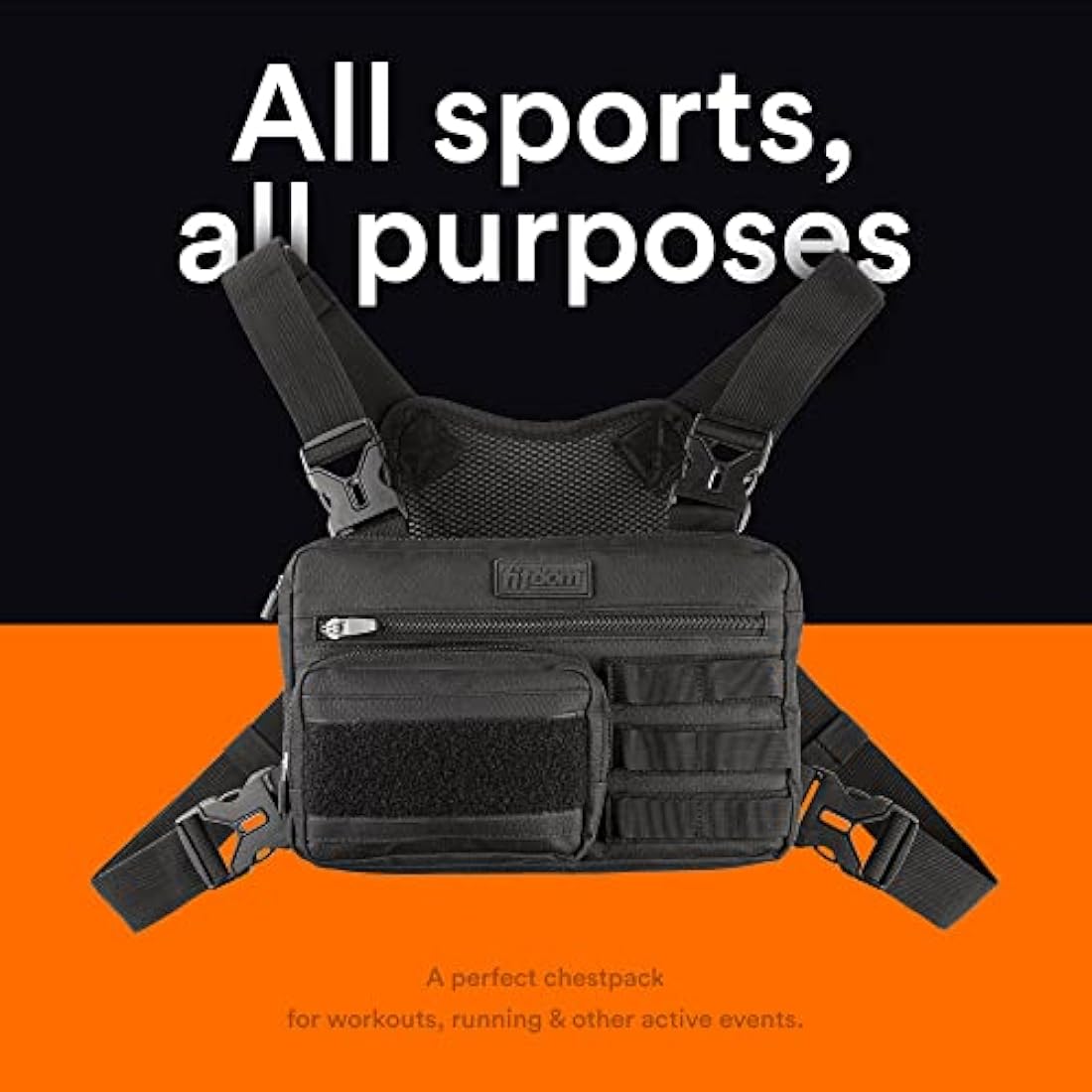 Fitdom Tactical Inspired Sports Utility Chest Pack. Chest Bag for Men with Built-in Phone Holder. This EDC Rig Pouch Vest is Perfect for Workouts, Cycling & Hiking, Black, S, Rig Fit