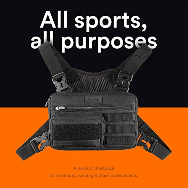 Fitdom Tactical Inspired Sports Utility Chest Pack. Chest Bag for Men with Built-in Phone Holder. This EDC Rig Pouch Vest is Perfect for Workouts, Cycling & Hiking, Black, S, Rig Fit