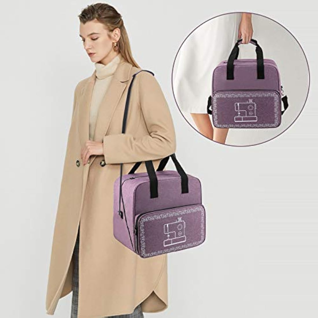 Coopay Overlocker Bag Carry Case, Overlocker Machine Protective Case with Shoulder Strap and Compartments for Power Cable and Thread, Travel Storage Bag, Large, Waterproof, 15*14*11.4 inches, Purple