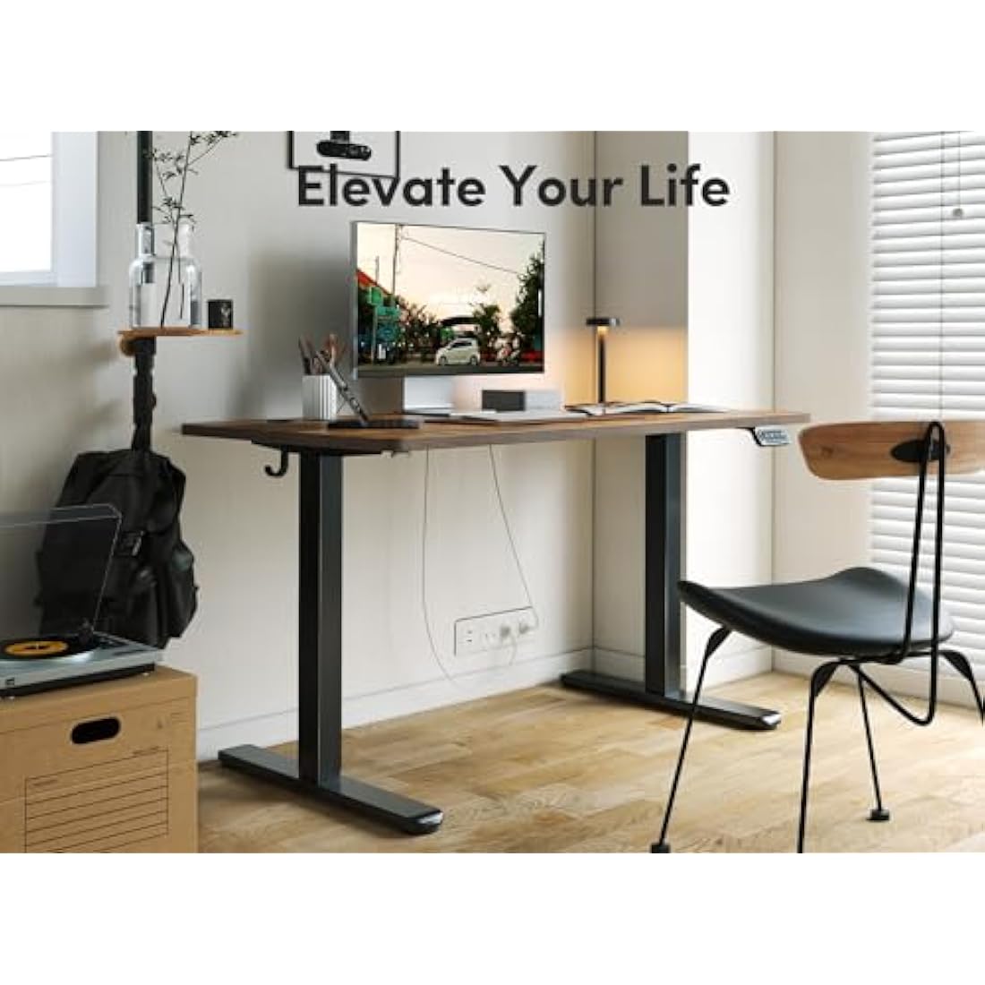 FEZIBO Electric Height Adjustable Standing Desk, 60x140cm Ergonomic Home Office Table with Splice Board & Rustic Wood Grain Surface, Upgraded Stable Steel Frame for Sit-Stand Workstation