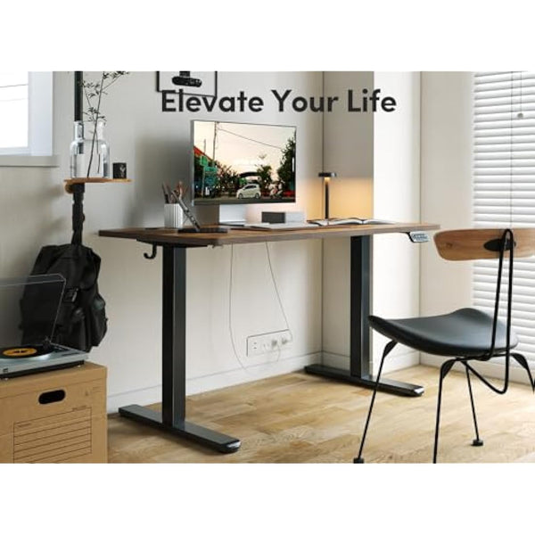 FEZIBO Electric Height Adjustable Standing Desk, 60x140cm Ergonomic Home Office Table with Splice Board & Rustic Wood Grain Surface, Upgraded Stable Steel Frame for Sit-Stand Workstation