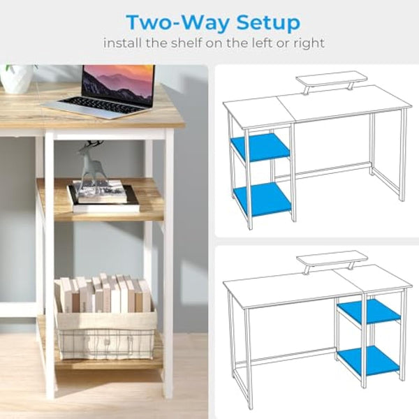 GreenForest Office Desk with Monitor Stand,100cm Home Computer Desk with Reversible Storage Shelves,Study Desk for Small Spaces,Oak