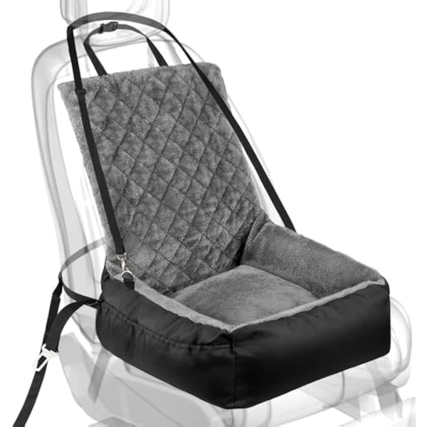Dog Car Booster Seat for Small Dogs, Black Plush & Cosy Pet Travel Bed with Storage Pocket, Washable & Scratch Proof Pet Car Seat Bed for Back and Front Seat, Comes with a Safety Leash, Black