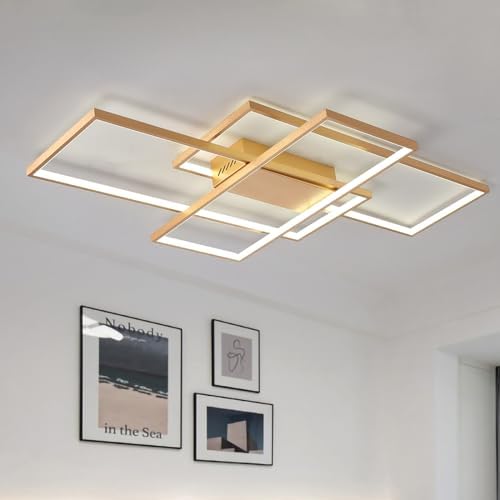 JIINOO Dimmable LED Ceiling Light, 110cm Flush Mounted Ceiling Light with Remote Control, 70W Square Acrylic Modern Simple Design Fixture for Bedroom Living Room, Gold