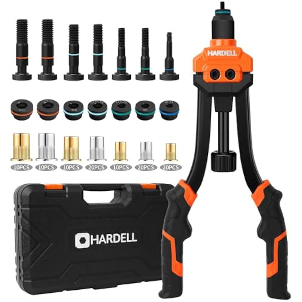 HARDELL Rivet Nut Tool, 14" Rivnut Tool with 100 Pcs Rivet Nuts and 7 Metric & Inch Mandrels M6 M8 M10, 1/4-20, 5/16-18, 3/8-16, 10-24 and Rugged Carrying Case