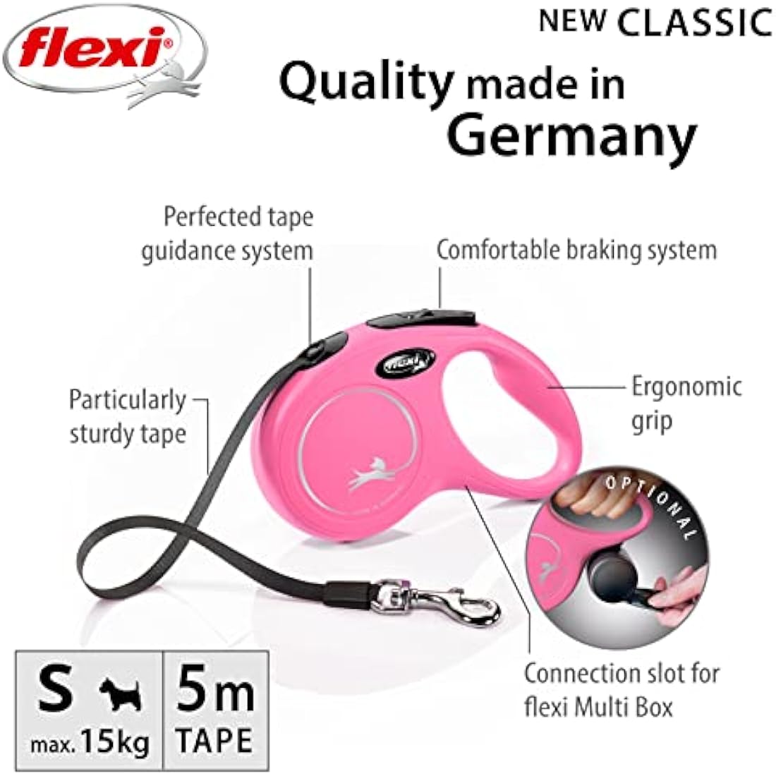 flexi New Classic Retractable Lead Tape, Small, 5 m, Pink