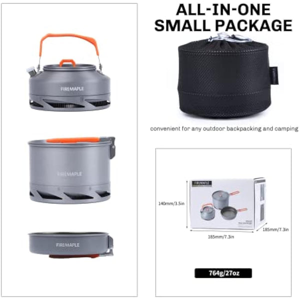 Fire-Maple Feast Heat Exchanger Set | Compact Camping Cookware Kit | Nested Design | Contain with a Pot, Kettle and Non-Stick Frypan | Ideal for Fishing, Picnic and Camp use