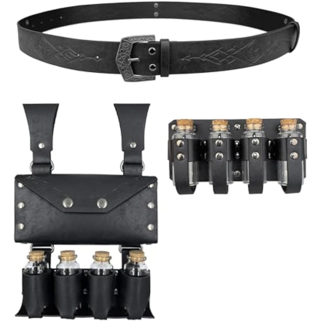 EpicCos 3 PCs Medieval Alchemy Belt Waist Pack Combo with Multiple Potion Bottles, Viking Rivet Belt Side Pouch for Cosplay (Black C)