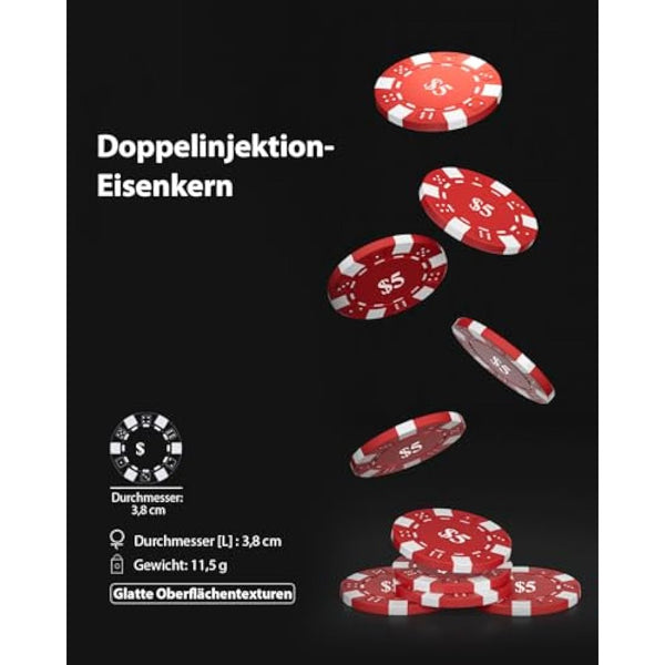 HEITOK Poker Chips 1000 Chips Set with Denominations, 11.5g Weighted Numbered Casino Chips Set, 2 Decks with Compact Aluminum Case for Texas Hold'em, Blackjack Chips