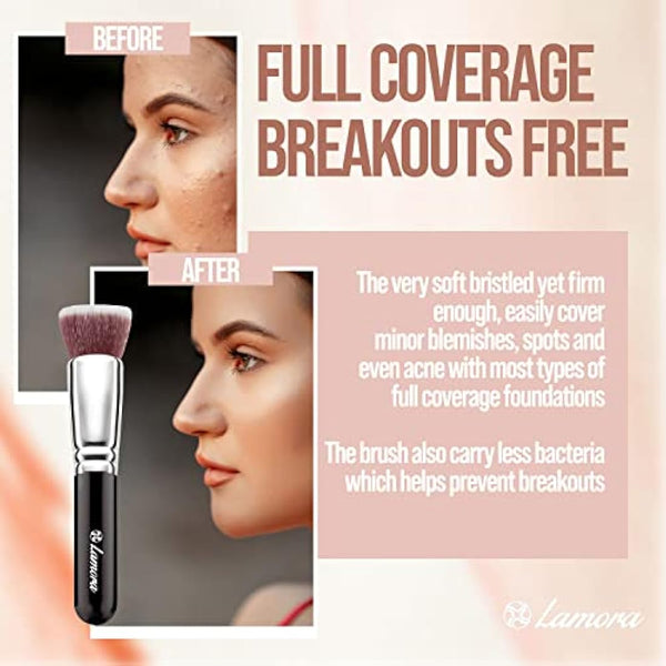 Foundation Brush Kabuki Flat Top - Perfect For Blending Liquid Make Up, Cream or Flawless Powder Cosmetics - Buffing, Stippling, Concealer - Premium Quality Synthetic Dense Bristles