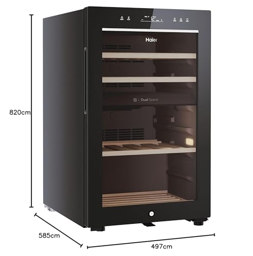 Haier Wine Bank 50 Series 5 Freestanding Wine Cooler, 49 Bottles, Single Zone Temperature, Anti-UV Glass Door, Low Vibration Design, LED Light, hOn App, F Class, Black, 49.7x58.5x82 cm - HWS49GA