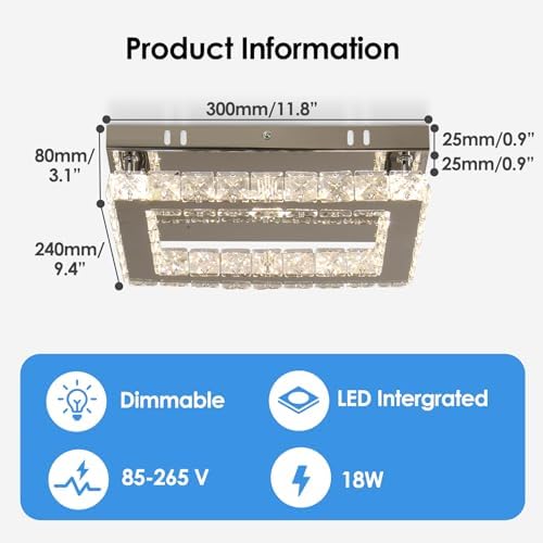 Finktonglan Modern LED Crystal Ceiling Light Rectangular Ceiling Lamp K9 Stainless Steel Flush Mount Chandelier Ceiling Lights Fixture for Dining Room Living Room Bedroom (Dimmable)