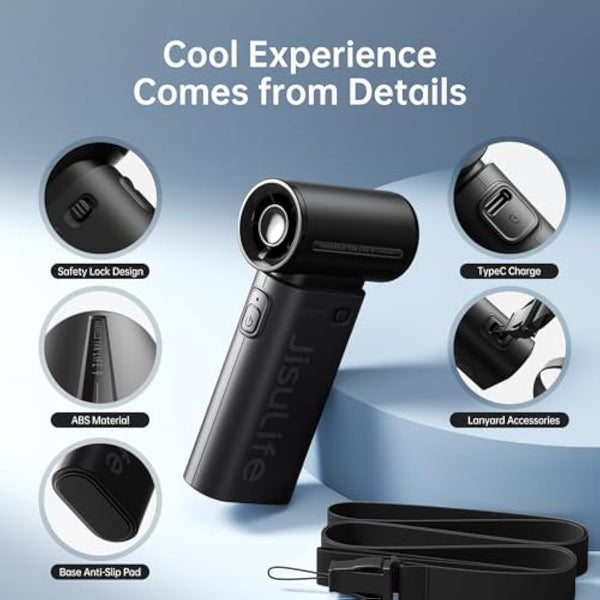 JISULIFE Portable Handheld Fan Life9, Turbo Power High Speed Air [18H Max Cooling Time], 5 Gear Wind, 5000mAh Rechargeable, Mini Pocket Design, Personal Fan for Travel Concerts Camping Makeup - Black