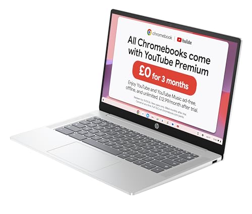 HP Chromebook 14" | Intel Processor N100 Processor| 4 GB RAM | 128 GB Flash Storage | Intel UHD Graphics | HD Display | Up to 12hrs battery | Chrome OS | Dual Speakers | Glacier Silver | 14a-nf0002sa