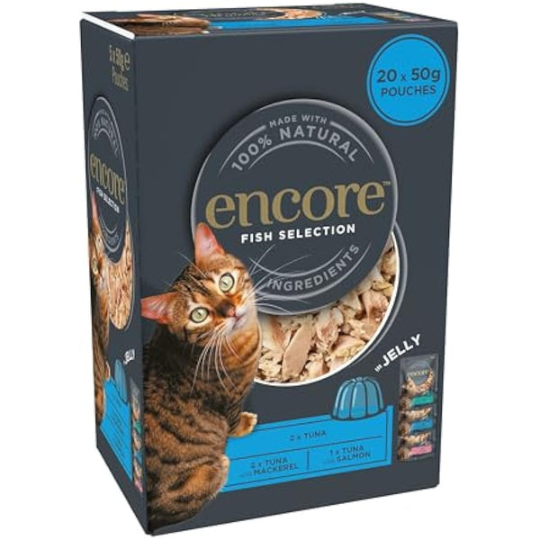 Encore Natural Wet Cat Food, Multipack Tuna with Fish Selection in Jelly 5 x 50g Pouch, Pack of 4 (Packing May Vary)