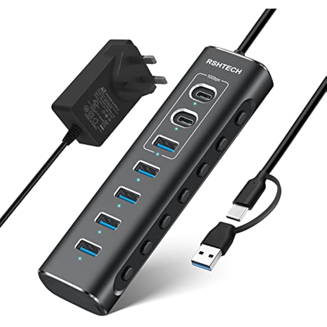RSHTECH Powered USB 3.1/3.2 Hub, 7-Port USBC Hub with 3x 10Gbps Data Ports (2C+1A), 4x USB-A 3.0 and 12V/2A 24W Power Adapter, Aluminum USB3.2 Splitter with 3.3ft USB Cable (RSH-A107C)