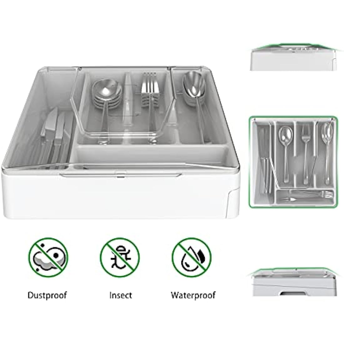 Double Layer Flatware Organizer with Lid, Cutlery Tray for Countertop Silverware Tray for Kitchen Drawers with 2 Tier Utensil Holder and 9 Compartments Silverware Storage Bin (White)