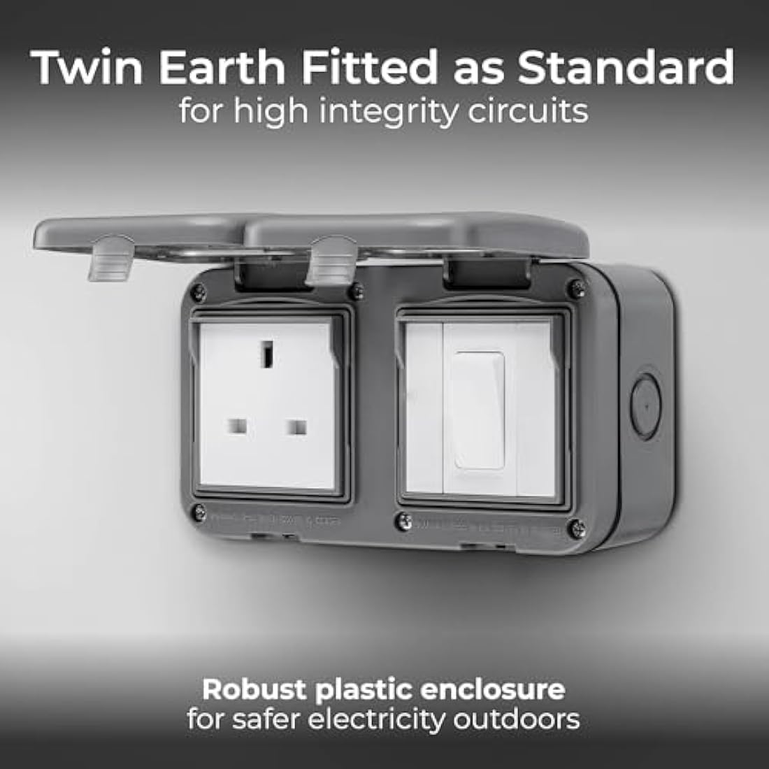 BG Electrical Outdoor Single Unswitched Power Wall Plug Socket and Single Wall Switch Combo, Weatherproof, 13A, IP55 Rated, WPB21