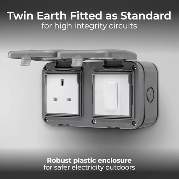 BG Electrical Outdoor Single Unswitched Power Wall Plug Socket and Single Wall Switch Combo, Weatherproof, 13A, IP55 Rated, WPB21