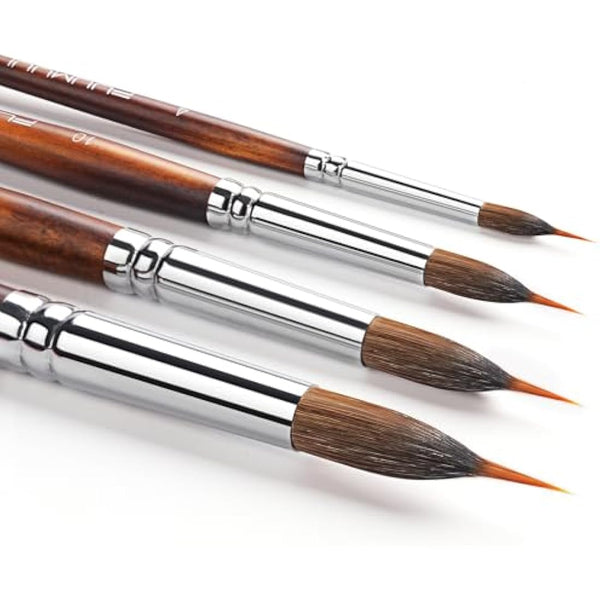 Fuumuui Professional Watercolour Brushes 4Pcs with Patented Design, Extended Needle Point Synthetic Long Pinhead, Kolinsky Sable Body for Fine Detailing - Watercolour Acrylic Gouache Inks Painting