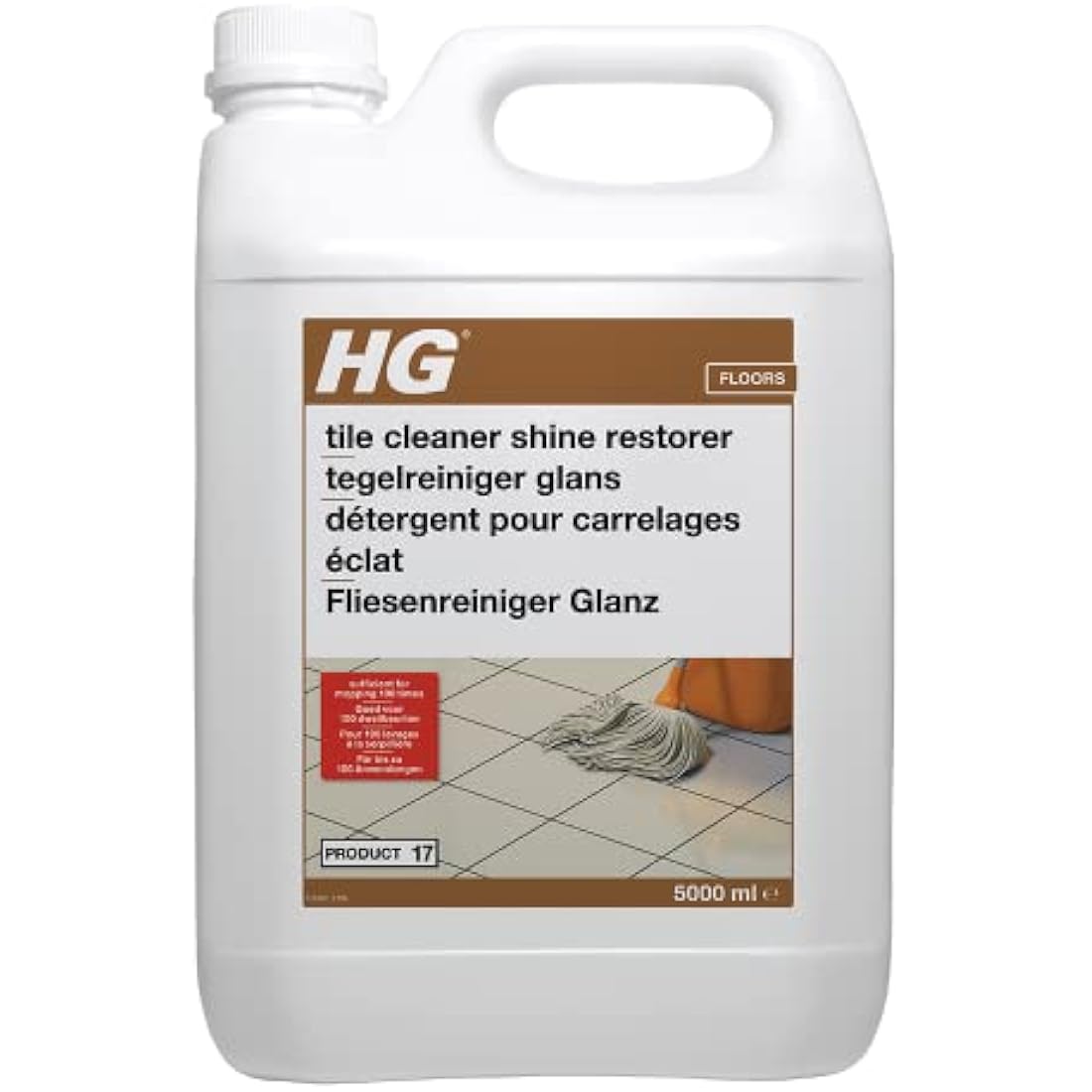 HG Tile Cleaner Shine Restorer 17, Universal Highly Concentrated Mopping Formula for Tiled Natural Stone Floors, Polish for Streak-Free Shine, for All Types of Tile Flooring – 5 litres (115500100)