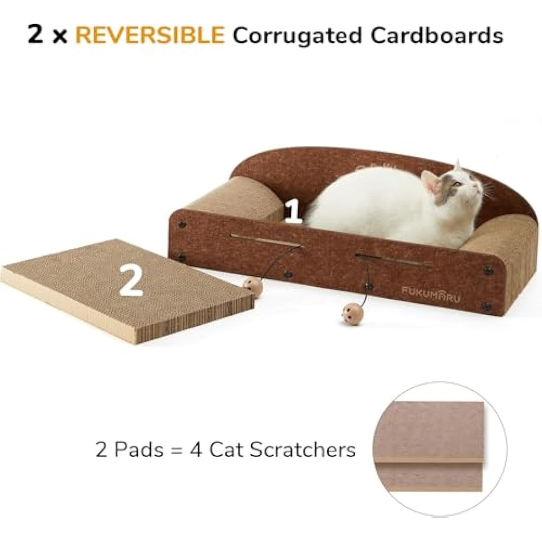 FUKUMARU Cat Scratcher Lounge - 66cm Long Durable Cardboard Lounger with 2 Reversible Pads, Recyclable, Bell Ball Toy