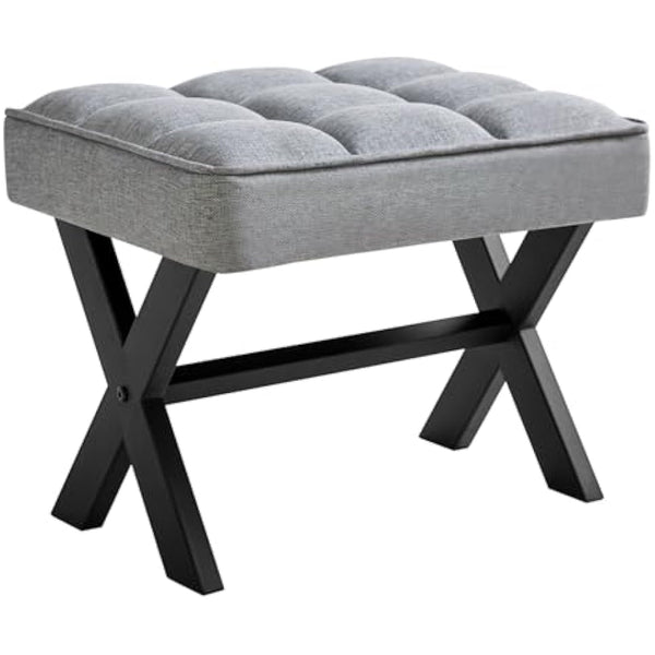 IBUYKE Small 12" H Footrest Stool, Square Linen Foot Stool with Metal X-Leg, Multi-Use as Small Side Table, Step Stool for Living Room, Bedroom, Entryway, Office, Blue Gray WBD011L