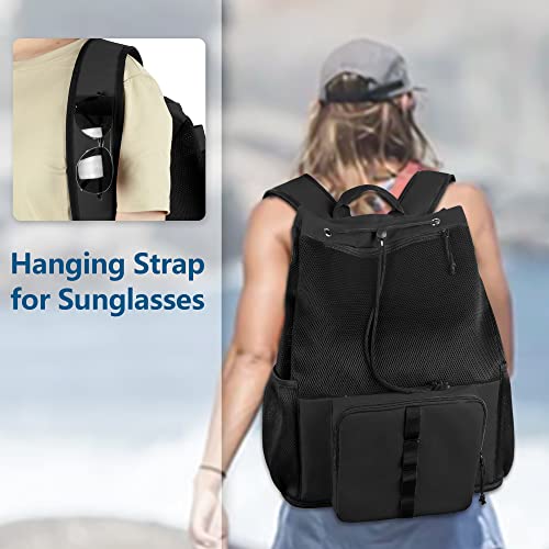 Fasrom Mesh Beach Backpack with Zipper Bottom, Sport Gym Backpack for Swimming, Beach, Pool and Travel(Patent Pending), Black