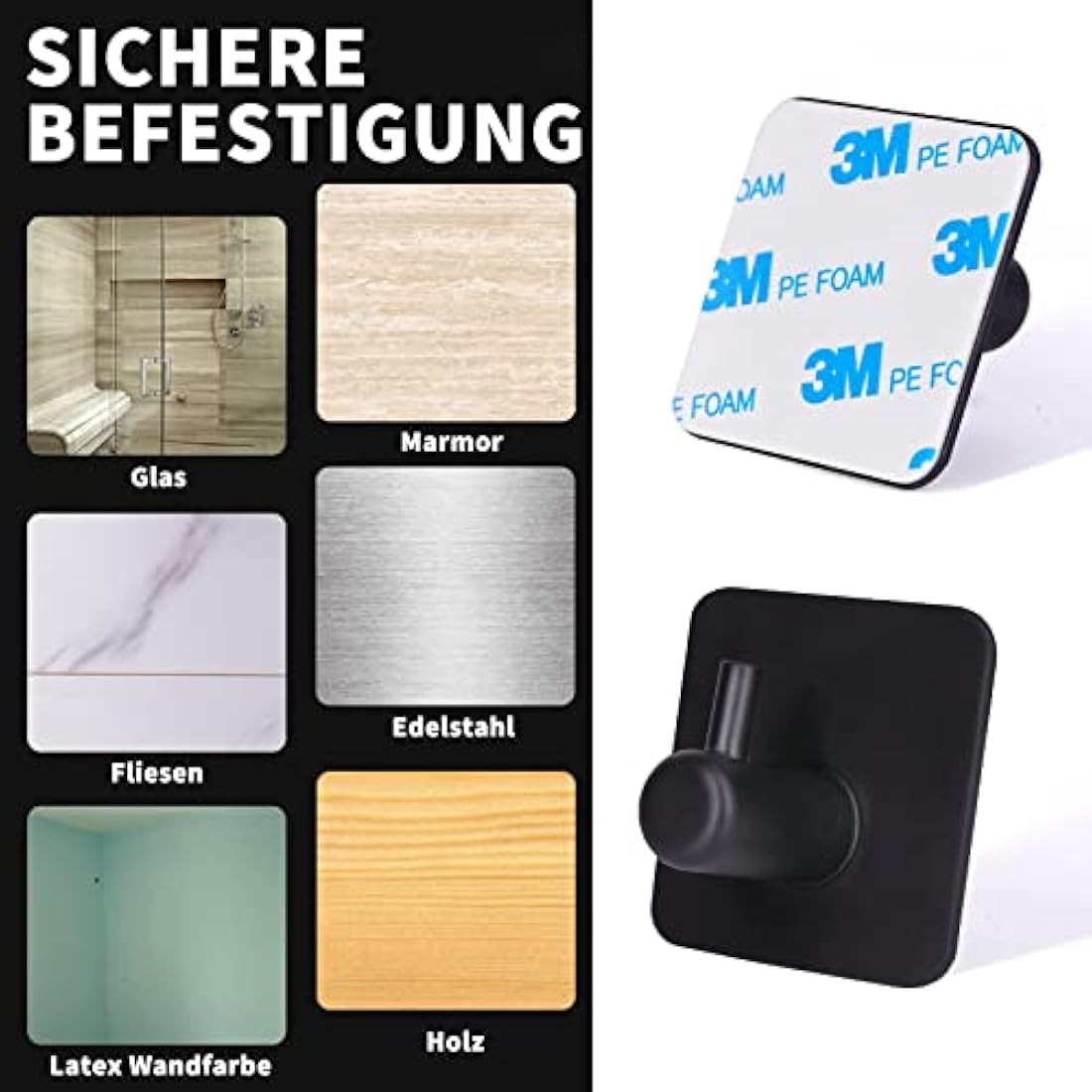 JS Self Adhesive Hooks - Stick on Hooks Holder for Tea Towel, Robe, Coat, Kitchen, Bathrooms - Stainless Steel, Waterproof, Rustproof - Black 6pack