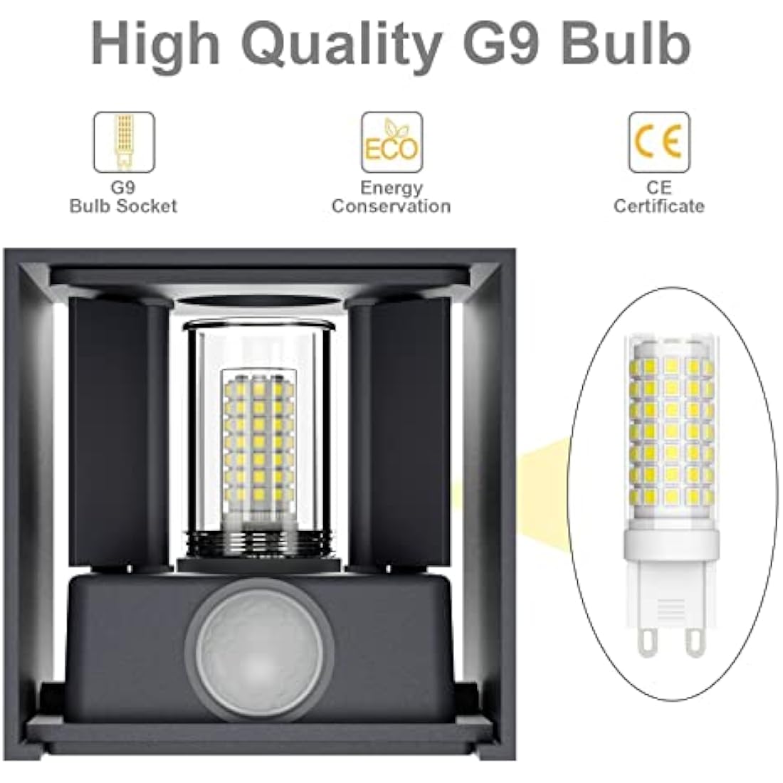 Klighten 2PCS Outdoor Wall Light with Motion Sensor, Waterproof IP54 Outside Wall Lamps with Sensor, Adjustable Beam Angle, Natural White 4000K, Antracita (G9 LED Bulb Include)