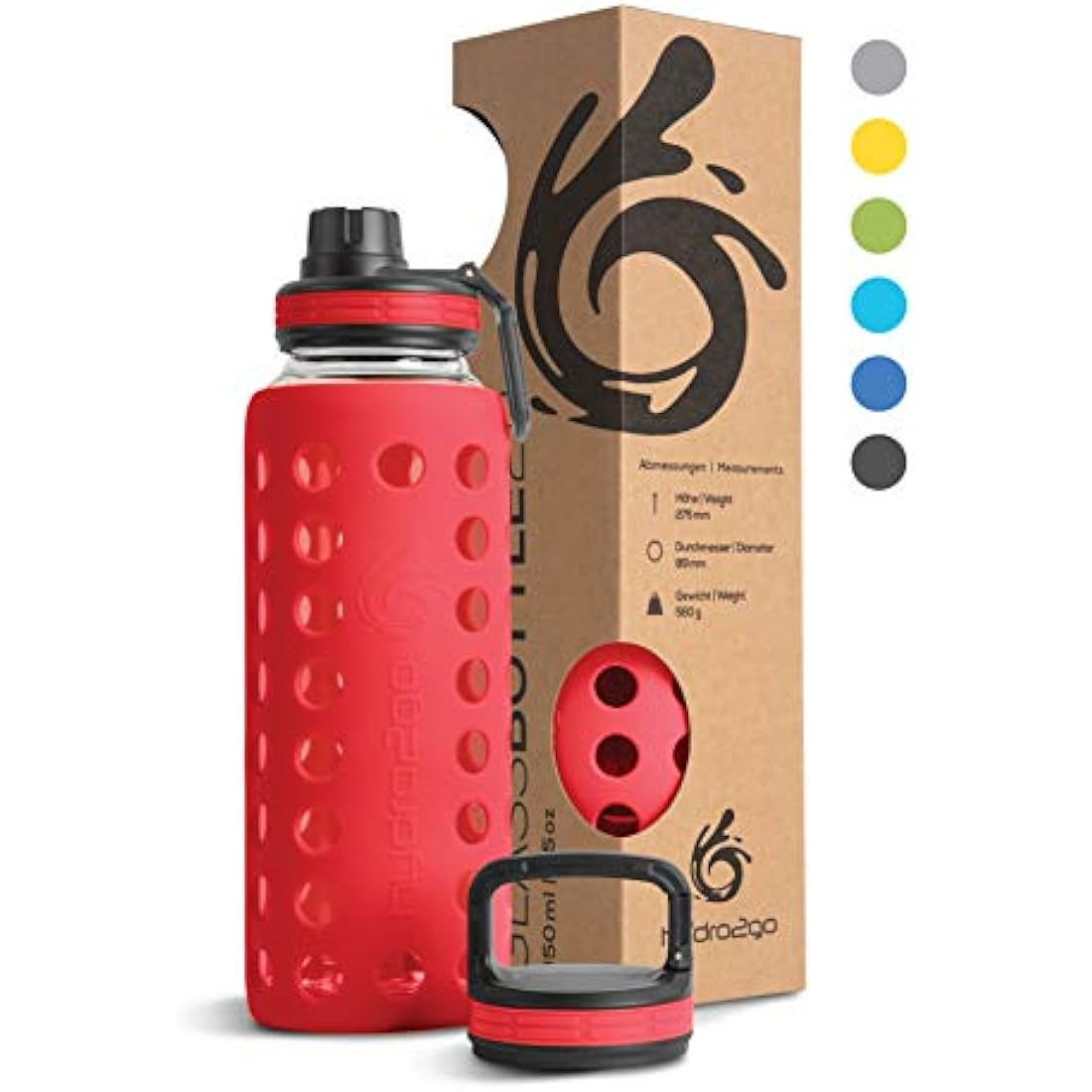 hydro2go Glass Water Bottle with Silicone Sleeve – 100% Leak-Proof, BPA-Free, Dishwasher Safe, 2 Replaceable Lids – Perfect for Office, Fitness, Yoga, Sports & Outdoors (Urban Red 2.0) – 950 ml