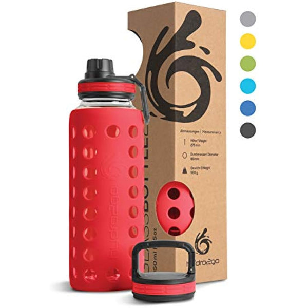hydro2go Glass Water Bottle with Silicone Sleeve – 100% Leak-Proof, BPA-Free, Dishwasher Safe, 2 Replaceable Lids – Perfect for Office, Fitness, Yoga, Sports & Outdoors (Urban Red 2.0) – 950 ml