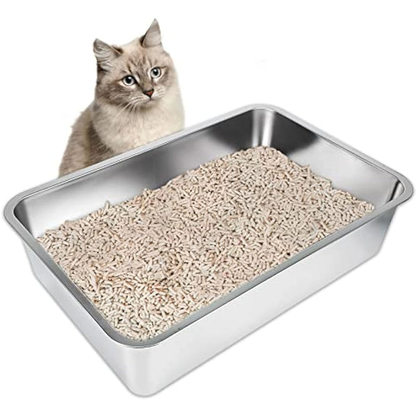 Stainless Steel Cat Litter Box, Large Metal Litter Tray for Cats Rabbits, Never Absorb Odors, Stain Free, Rustproof, Non Stick Smooth Surface, Anti-Slip Rubber Bottom, Easy to Clean, 23.5"Lx15.5"Wx6"H