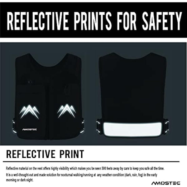 AMOSTEC Running Phone Holder Vest, Original Zip Front Reflective Running Vests with 500ml Hydration Bottle, 5 Pockets for Cards, Keys, Towels, Adjustable Waistband & Breathable Materials, Men & Women